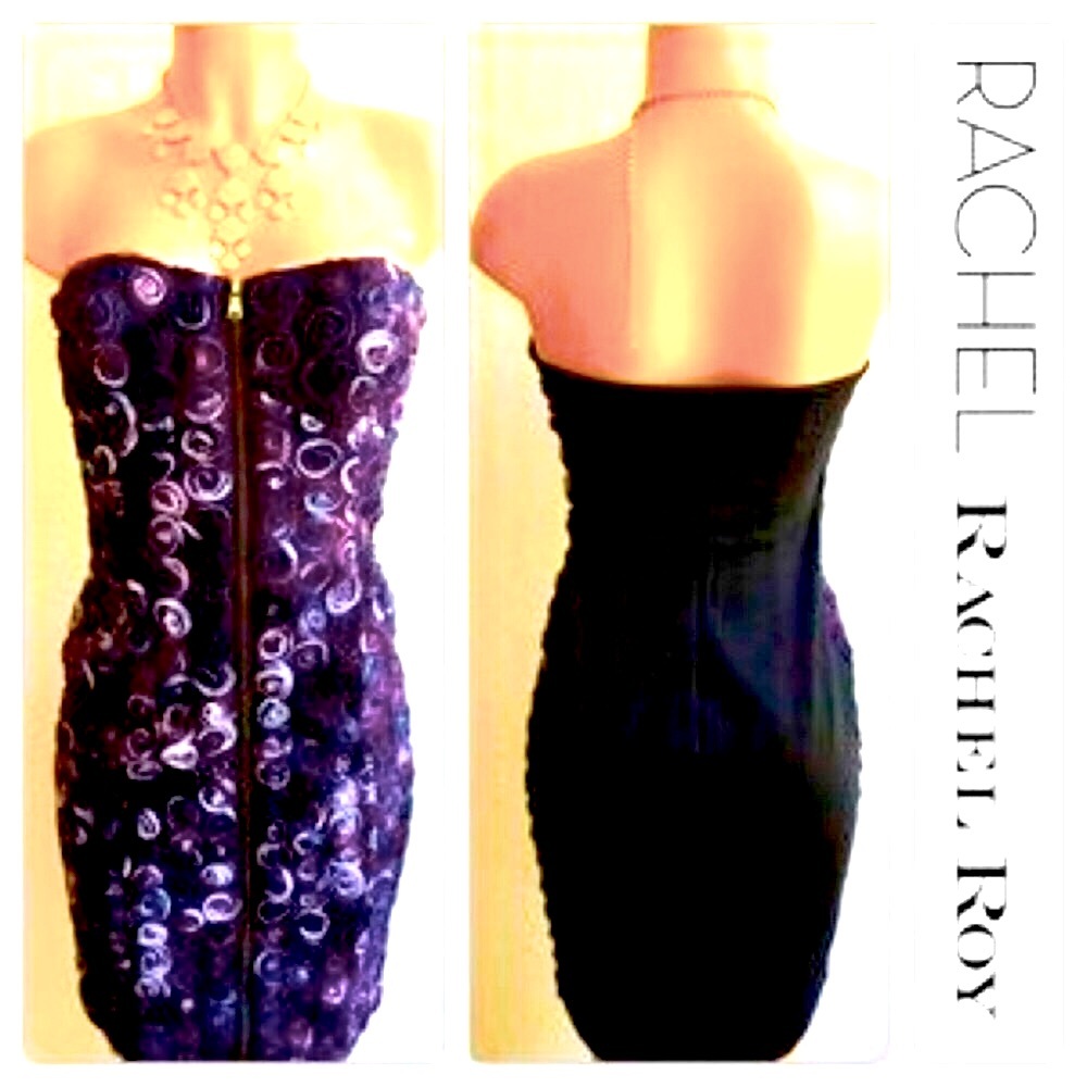Rachel Roy 4 sexy strapless body con rosette appliqué zip dress black purple EUC
